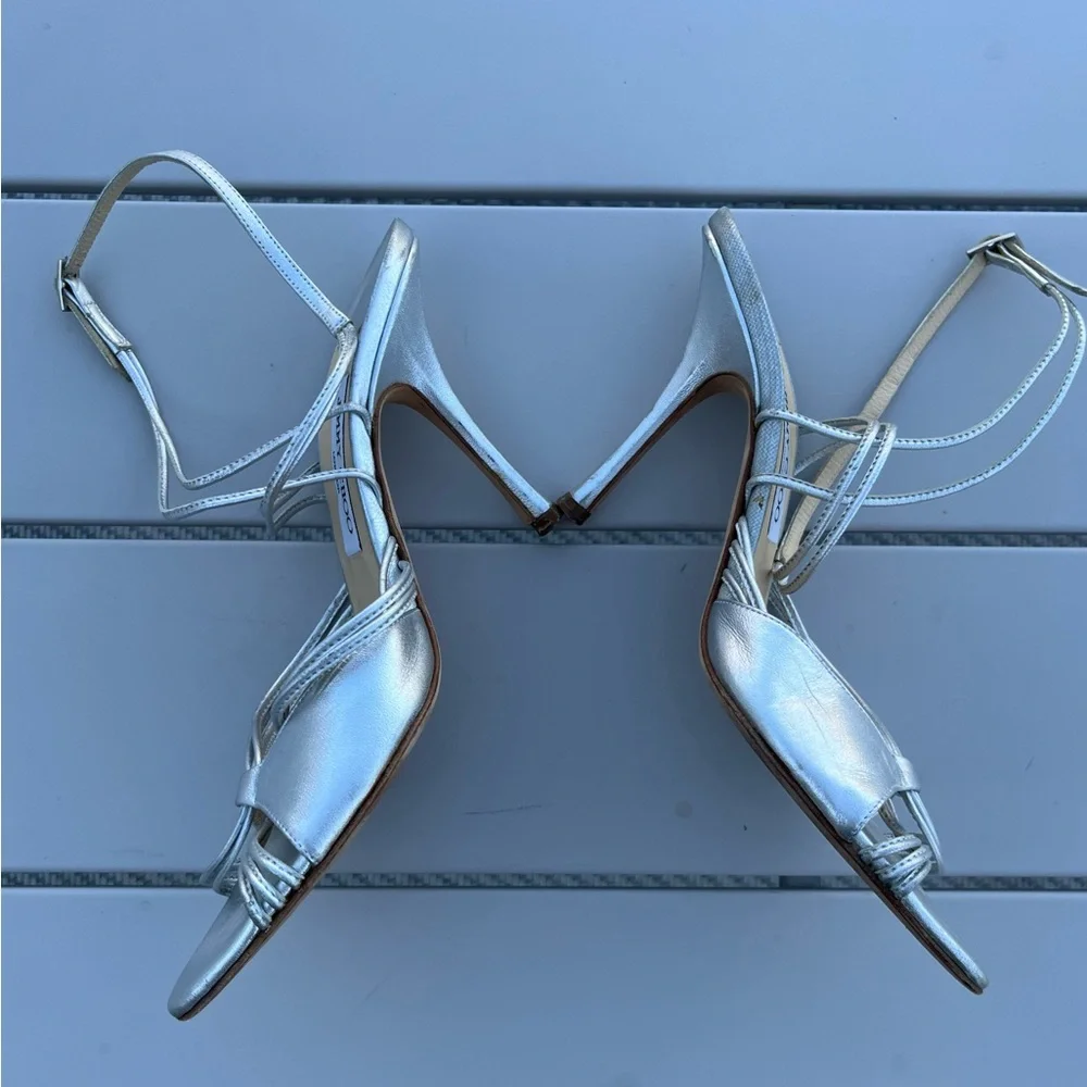 Jimmy Choo Silver Metallic Ankle Strappy Stiletto Heels - Picture 4 of 8